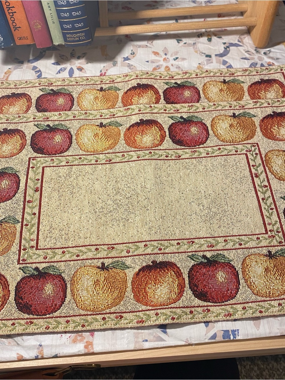 Vintage Tapestry Style Apple Border Woven Placemat Red and Gold Apples Set of 2